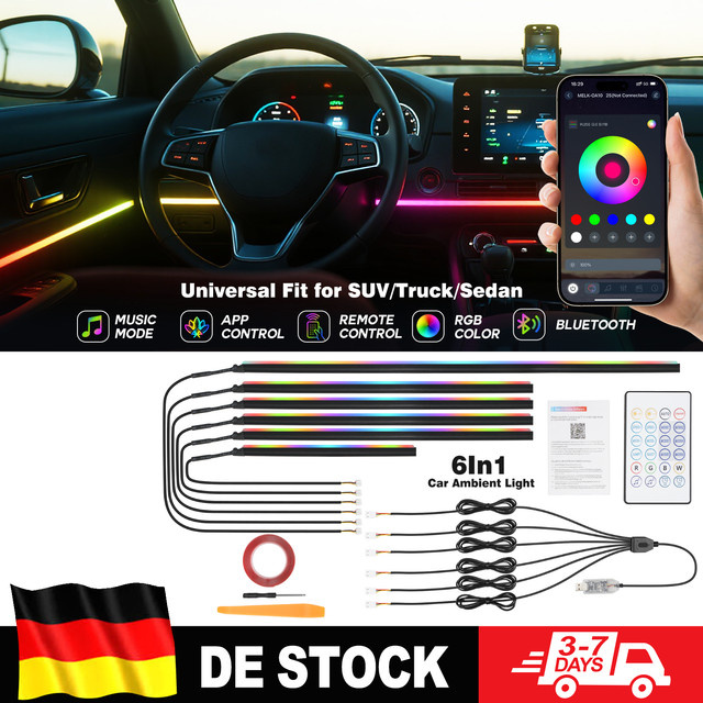 BEVINSEE 6-in-1 RGB Auto-Ambientebeleuchtung mit LED-Neon-Flex, App- und Fernbedienung, USB 12V, Multicolor - Bild 1