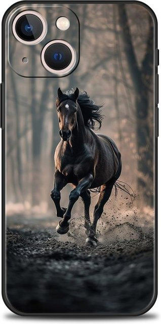 Handyhülle mit schwarz-weißem Galoppierenden Pferde Motiv für iPhone 16 15 14 13 12 11 Pro Max XS X XR SE 7 8 Plus aus weichem TPU in Schwarz-Weiß - Bild 1