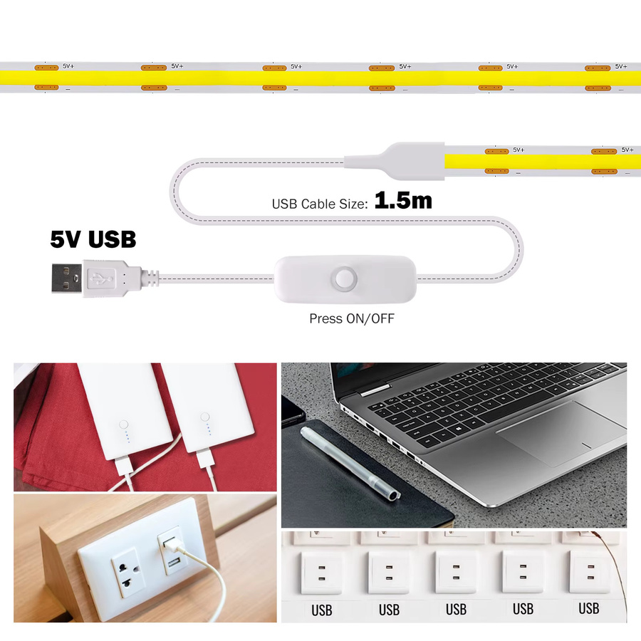 GAHADA COB LED-Streifen mit 501-Tastenschalter, 5V USB LED-Lichtband mit 320 LEDs/m, selbstklebendes flexibles Lichtband für moderne Raumdekoration - Bild 3