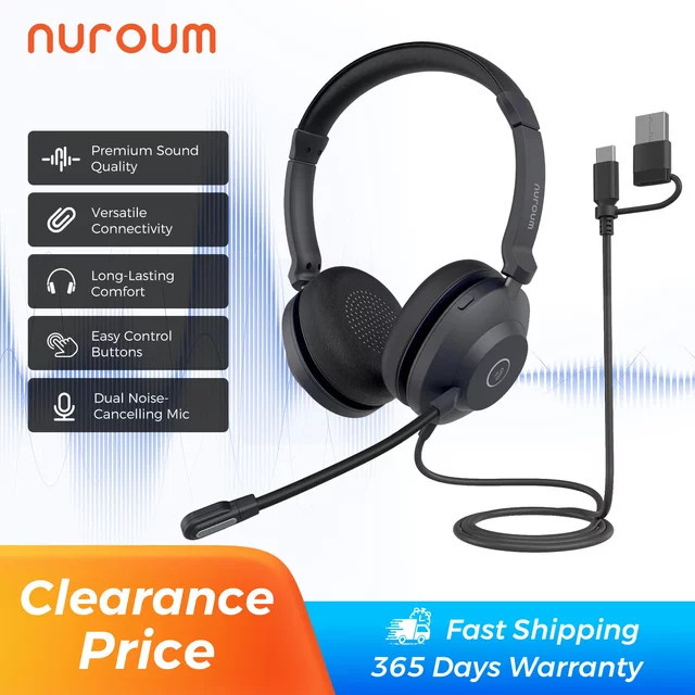 Nuroum HP21 Headset mit Mikrofon und Geräuschunterdrückung, USB-A und USB-C, Schwarz - Bild 1