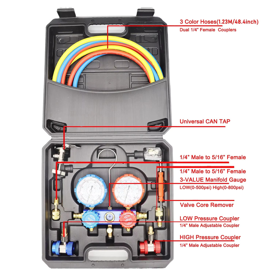 3-Wege-Kältemittel-Verteiler Kombi-Instrument für HVAC-Diagnose und Kältemittelbefüllung, kompatibel mit R410A, R22, R404A und R134A, Mehrfarbig - Bild 4