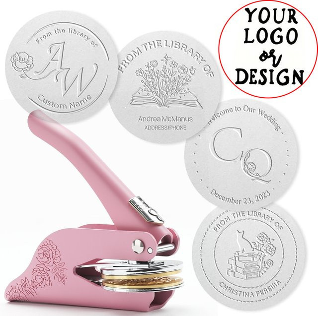 Personalisierter Buch-Embosser mit individuellem Text oder Logo-Design in Gold oder Pink aus Metall für Bücher, Visitenkarten und Papier - Bild 1