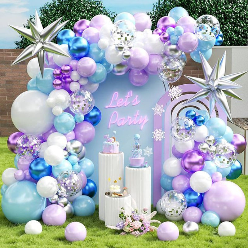 Mehrfarbiges Ballonbogen-Set in Lila, Blau, Weiß und Silber für Kindergeburtstage und Frozen oder Mermaid Partys - Bild 1