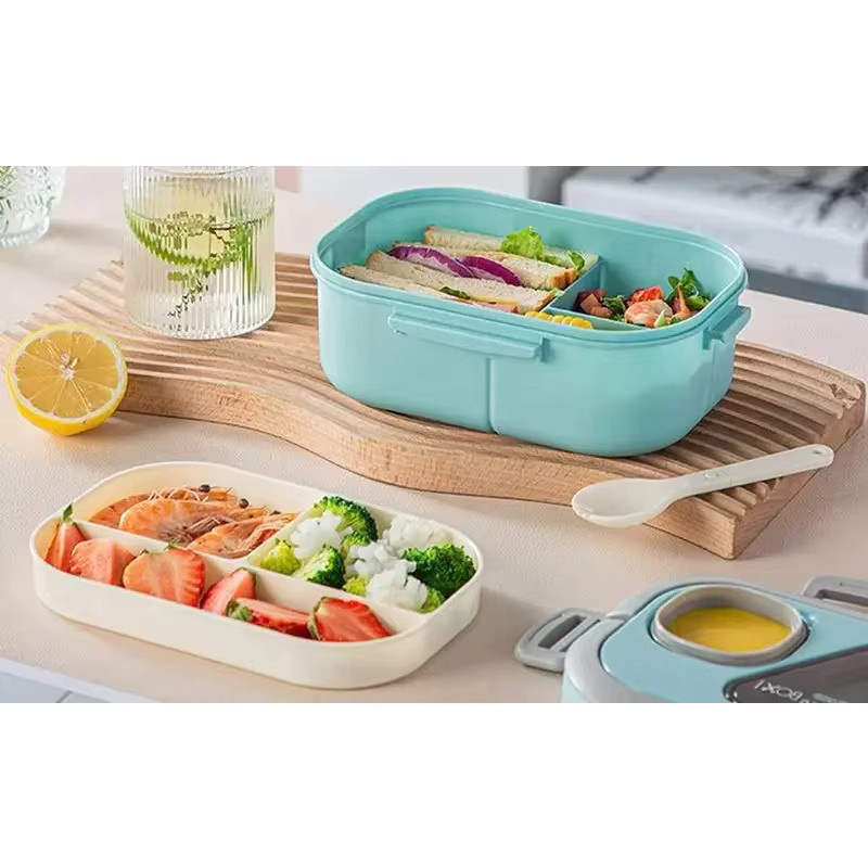 Untior Tragbare Bento-Box aus Weizenstroh mit 4 Fächern, Blau, Auslaufsicher, Mikrowellen- und Spülmaschinenfest - Bild 1