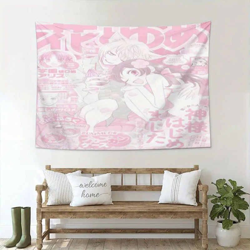 VIKAMA Vitality Girl Retro Anime Wandteppich in Rosa, ästhetische Textil-Wanddekoration im Vintage-Stil für Schlafzimmer und Spielzimmer - Bild 1