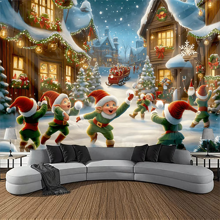 VIKAMA Weihnachts-Wandteppich mit Elfen-Schneeszene Design in Multicolour zur Wanddekoration für Weihnachten und Silvester - Bild 2
