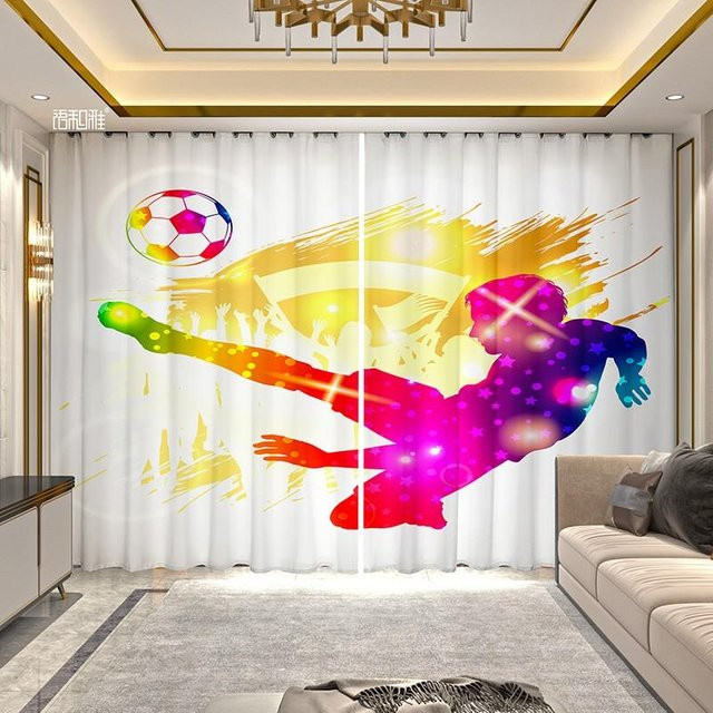 2-teiliges halbtransparentes Vorhang-Set von Yiran Furniture mit Fußball-Print in Weiß, Breite: 100 cm, Höhe: 160 cm - Bild 1