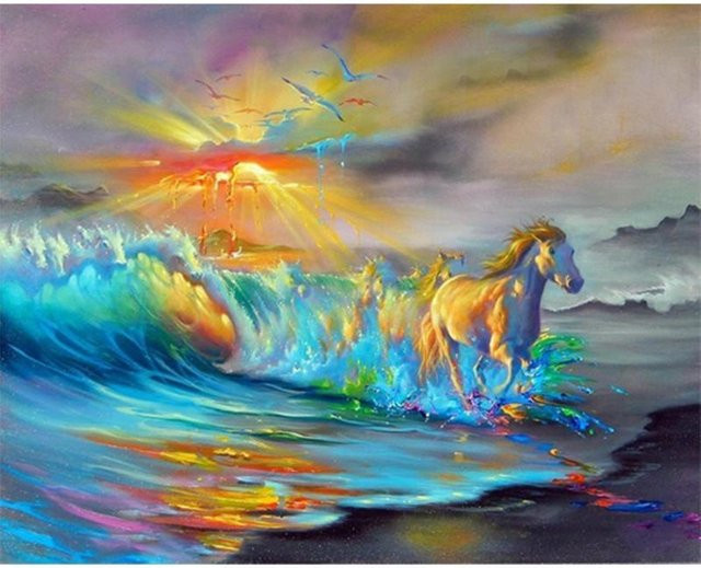 FIYO Diamant-Gemälde Kreuzstich Haus und Meer in Beige, runde Diamant-Stickerei Landschaft, B x H: 30 x 20 cm - Bild 1