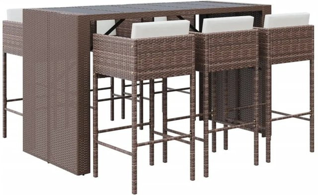 vidaXL 7-tlg Gartenbar-Set aus Poly Rattan in Braun mit Kissen und Hartglasplatte - Bild 1