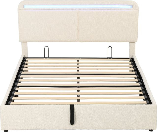 Aosom Stauraumbett mit RGB-LED-Beleuchtung und verstellbarem Kopfteil, gepolstertes Doppelbettgestell aus Samt mit hydraulischem Stauraum und Holz-Lattenrost, Farbe: Creme, B/T: 140 x 190 cm - Bild 1