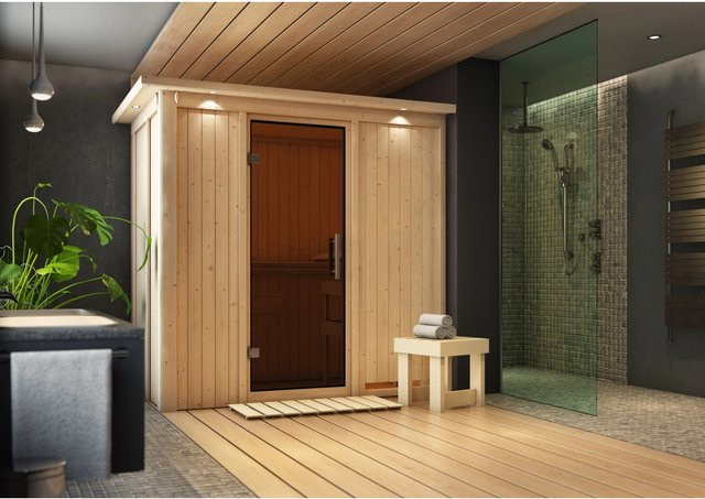 Karibu Sauna Vera mit LED-Dachkranz aus Fichte und Espenholz in Braun, B/T/H: 210 x 132 x 202 cm - Bild 1