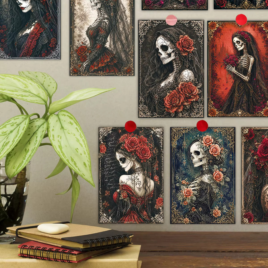 20 Stück Retro Halloween Postkarten mit Totenköpfen und roten Rosen für Journaling und Wandkunst - Bild 4