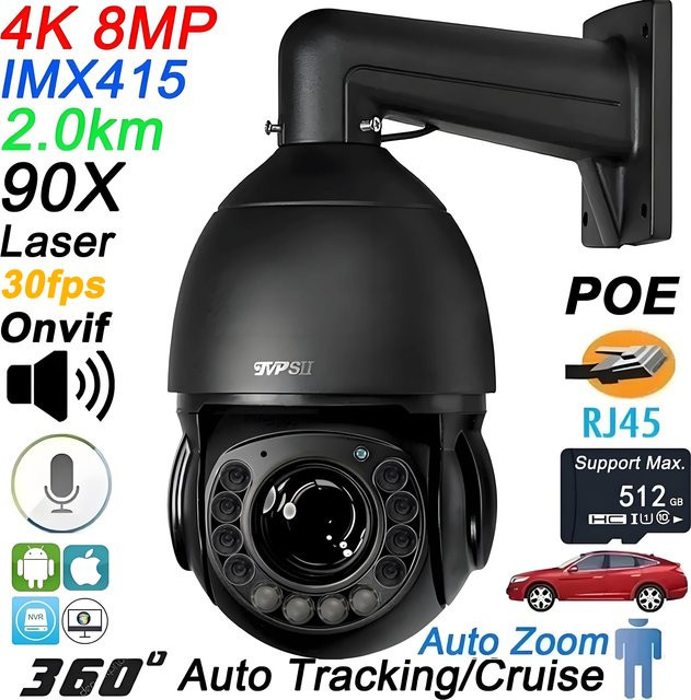 TVPSii Speed PTZ Dome IP-Kamera in Schwarz mit 4K 8 MP Auflösung, 90X Zoom und Laser-Infrarot-Autotracking sowie Audioüberwachung und Wi-Fi - Bild 1