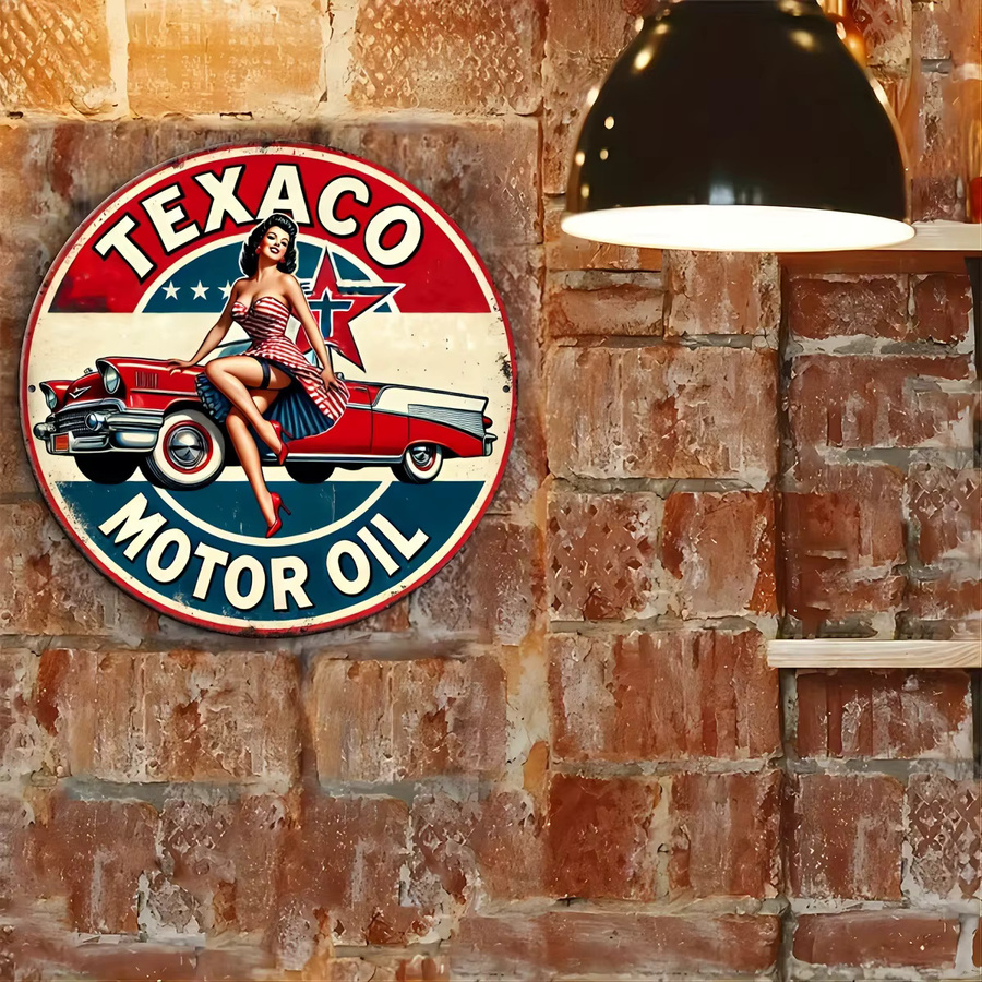 Potdemiel Texaco Motor Oil Vintage Aluminiumschild Retro Pin-Up Wanddeko aus Metall, Rund, Mehrfarbig, Durchmesser: 20 cm - Bild 6