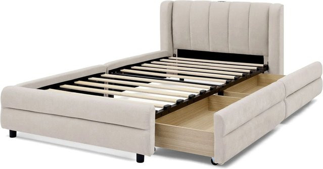 okwish Einzelbett für Kinderzimmer mit USB-Anschluss und Schubladen aus Chenille, Beige, B/T/H: 206 x 90 x 75 cm (ohne Matratze) - Bild 1
