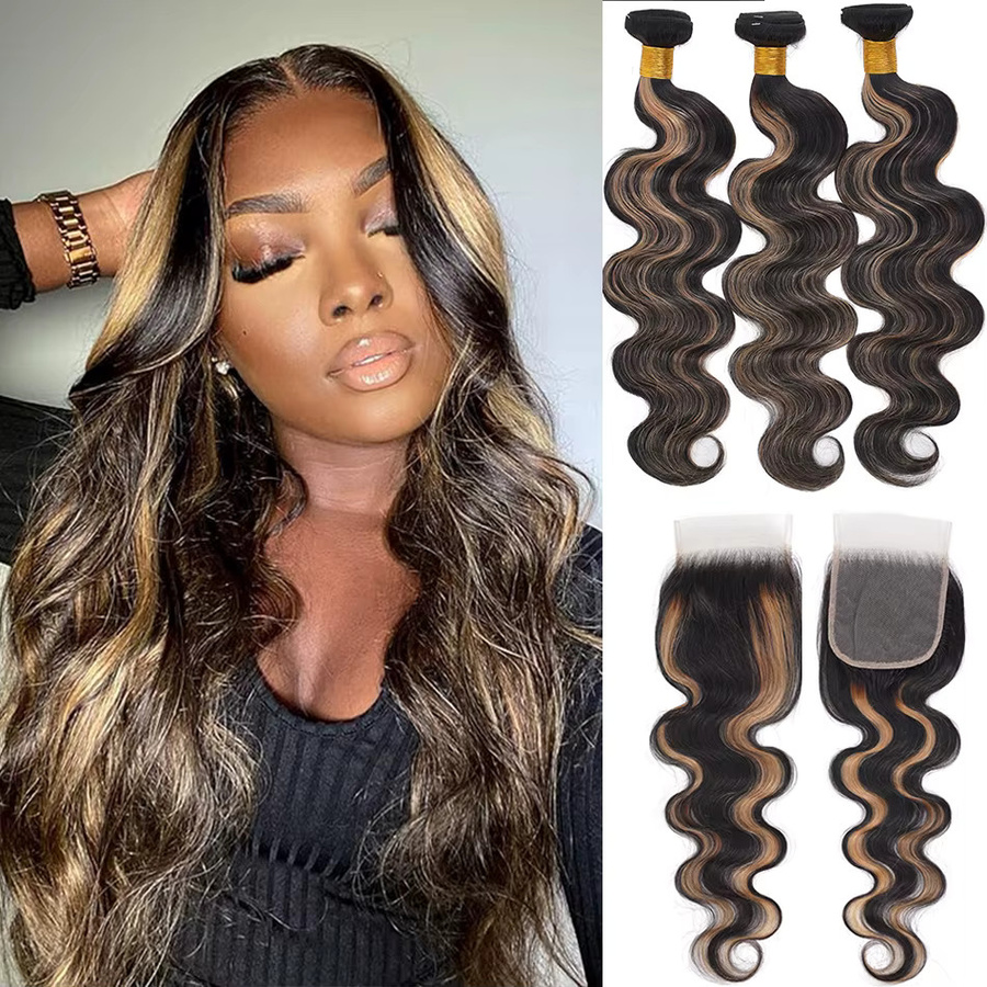 Tendresse Remy Echthaar Body Wave Bundles mit HD Lace Closure, Ombre Bouncy Wave, 3/4 Bundles mit 4x4 Closure - Bild 2
