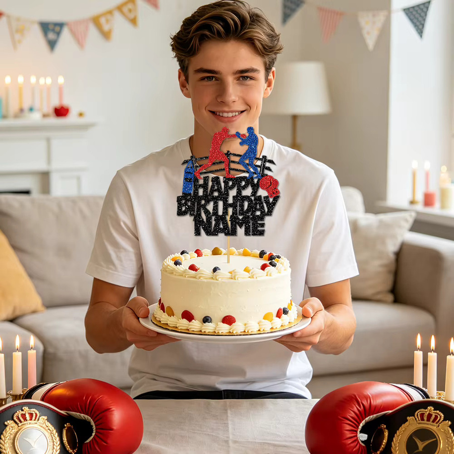 Joy-enlife Boxer Kuchendekoration mit anpassbarem Namen in Rot und Blau für sportliche Geburtstage - Bild 5