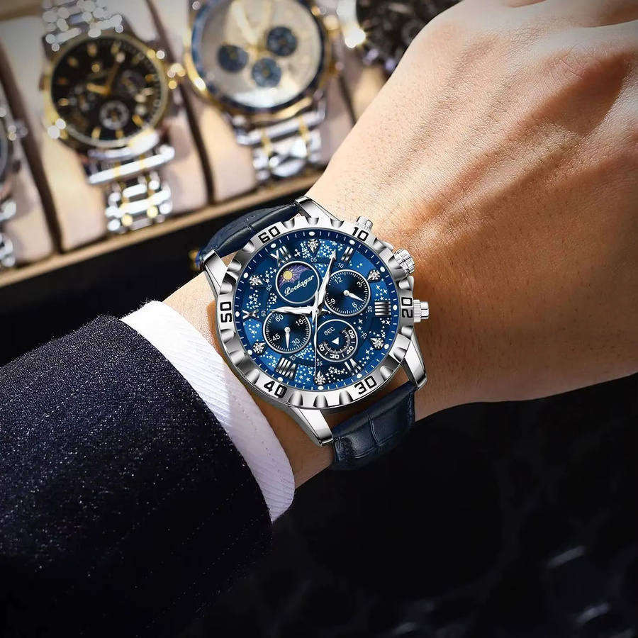 POEDAGAR Armbanduhr Chronograph, Quarz, Leder, Herren, Blau - Bild 6
