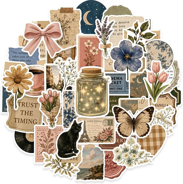 50 Stück Vintage-Aufkleber mit Blumen-Motiven in Multicolour für DIY-Dekorationen wie Laptop, Telefon oder Tagebuch - Bild 1