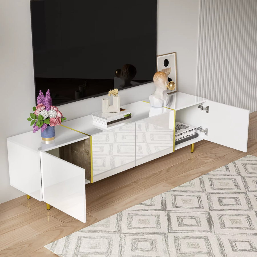 Svintora Moderner TV-Schrank in Weiß mit Goldakzenten und Hochglanz-Finish für dein Wohnzimmer - Bild 3