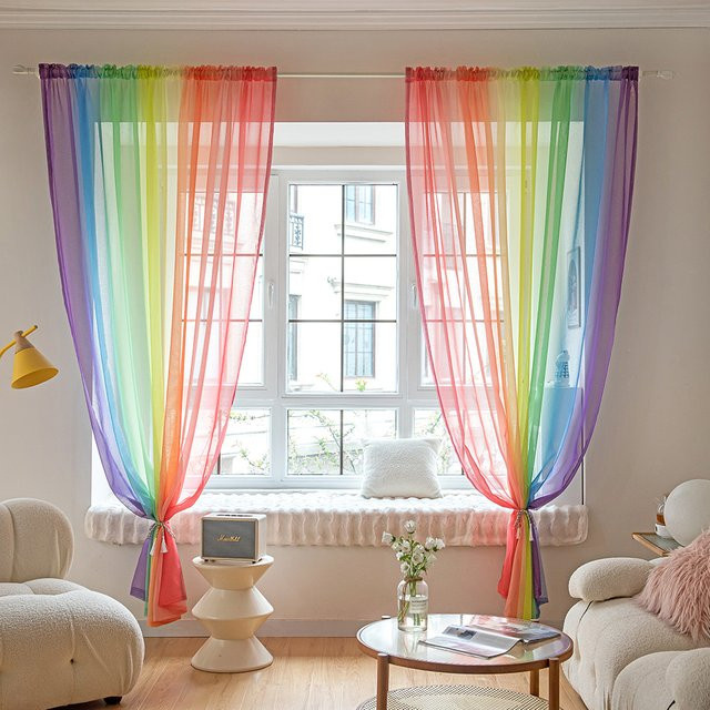 Drewin Regenbogen Ombre Halb-Voile-Vorhang, bunter transparenter Farbverlaufsvorhang für dein Schlafzimmer, Multicolour - Bild 1