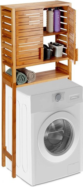 Relaxdays Waschmaschinenschrank aus Bambus in Natur, höhenverstellbar, mit Türen und Regalböden, Höhe: 164,5 cm, Breite: 66 cm, Tiefe: 26 cm - Bild 1