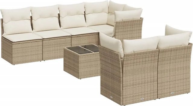 vidaXL 8-teilige Garten-Sofagarnitur aus Polyrattan in Beige mit Tisch und Polsterkissen - Bild 1