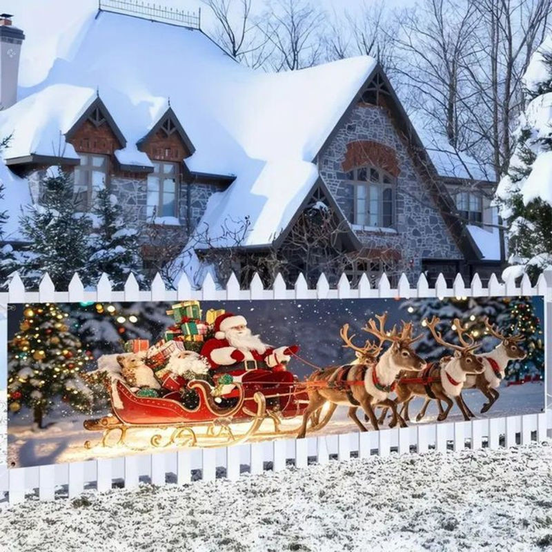 VIKAMA Weihnachtsbanner mit Weihnachtsmann und Rentierschlitten, hängende Weihnachtsdekoration für Outdoor und Winterparty, mehrfarbig, B: 200 cm, H: 45 cm - Bild 1