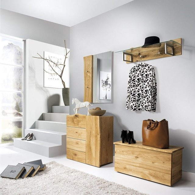 Garderobenset 4-teilig Woodline von AMD Möbel aus massiver Wildeiche in Braun mit Spiegel und Schuhschrank - Bild 1