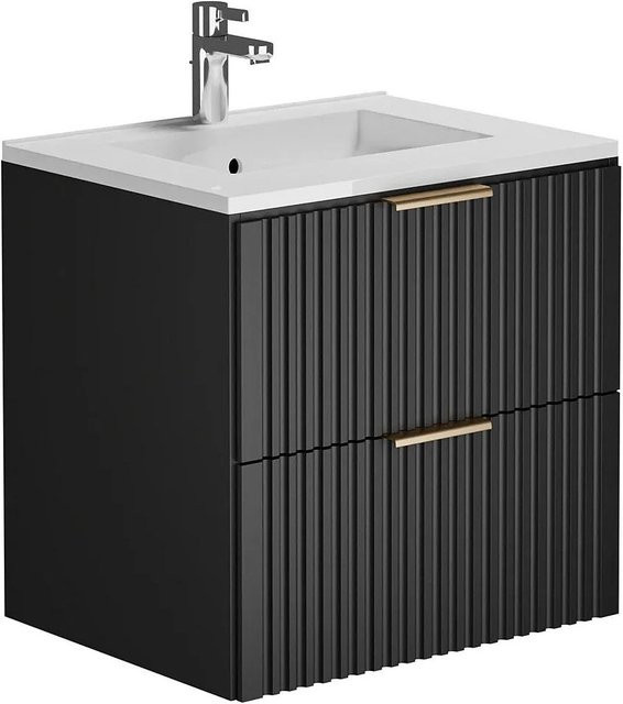Vente-unique Einzelwaschtisch Zevara in Schwarz Matt mit gerippter Oberfläche im Art-déco-Stil, Breite: 60 cm, Tiefe: 46 cm, Höhe: 57 cm - Bild 1