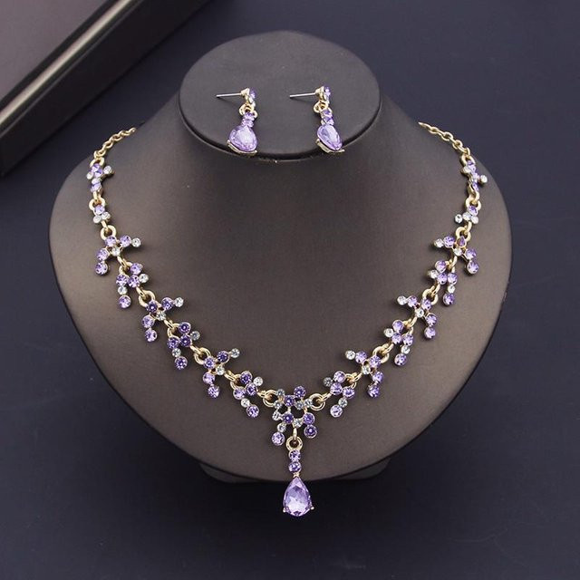 YIRAN Jewelry Schmuckset, Halskette, Ohrringe, Lila Kristall, Perle, Damen - Bild 1