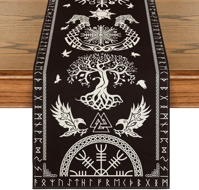 JINGYUE Pet Leinen-Tischläufer mit Grafik-Design in Schwarz, Breite: 150 cm, Tiefe: 33 cm - Bild 1