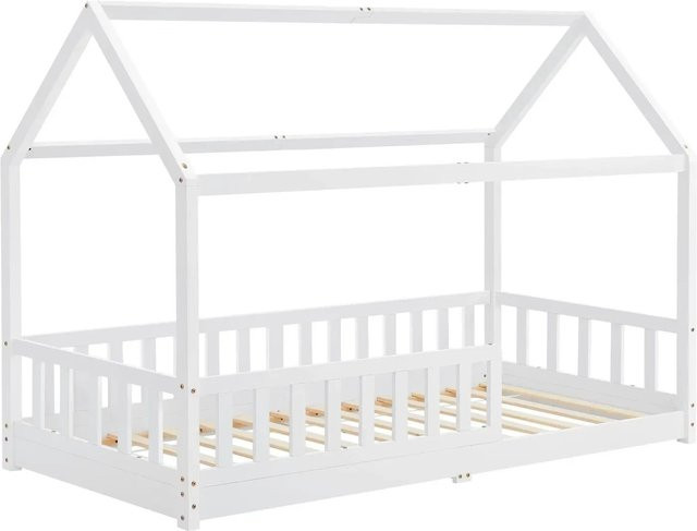 Juskys Kinderbett Marli Hausbett aus Kiefernholz mit Dach und Rausfallschutz, Weiß, B/T/H: 90 x 200 x 152 cm - Bild 1