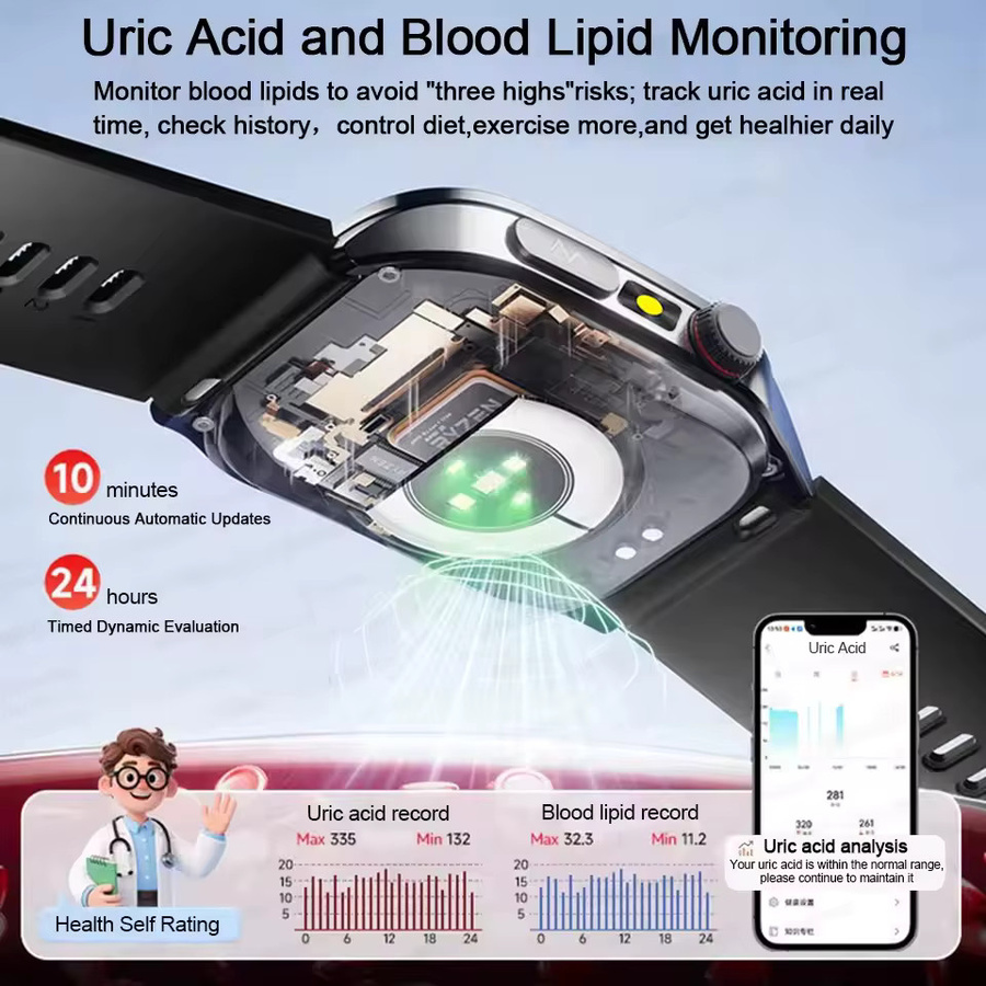 GUHUAVMI Smartwatch für Herren mit 650 nm Laser-Therapie, EKG, Blutdruckmessung und Bluetooth-Anruf, kompatibel mit Android und iOS, in Schwarz oder Blau - Bild 3