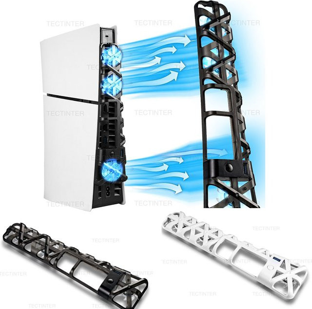TECTINTER Kühlsystem für PS5 Slim mit 3 Lüfterstufen, LED-Licht und USB 3.0 Hub, Schwarz - Bild 1