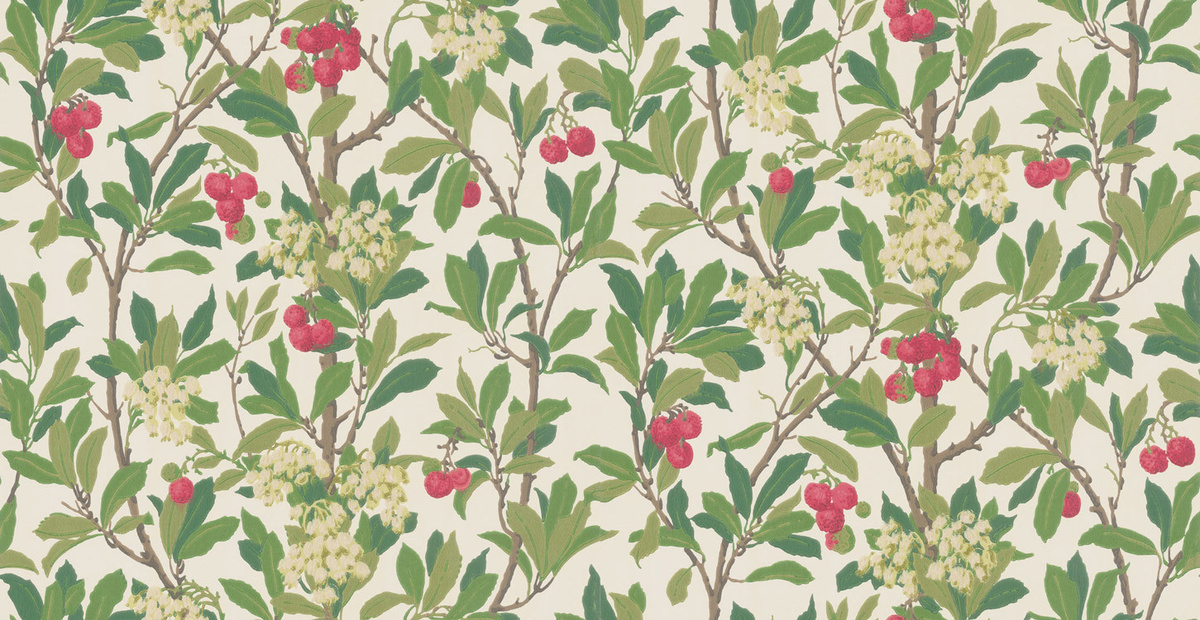 Cole & Son Tapete Strawberry Tree in Scarlet & Ivory mit rot weißem und grünem Muster - Bild 1