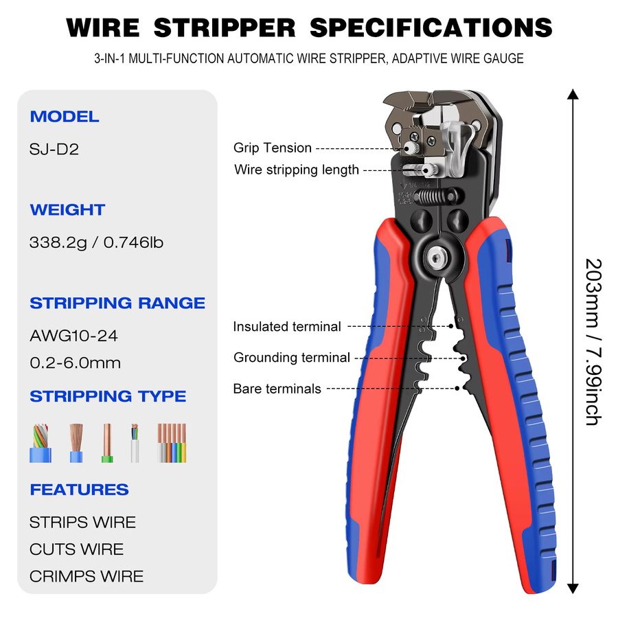 ACOONY 3in1 Abisolierzange SJ-D2 Multitool mit Automatikfunktion zum Abisolieren, Schneiden und Crimpen in Multicolor - Bild 3