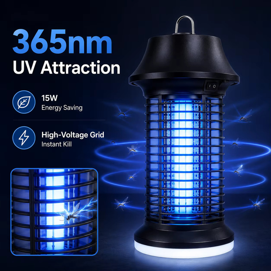 Elektrischer Insektenvernichter mit 15W LED-Licht und 365nm UV-Strahlung, IPX4 wasserdicht, Schwarz, B: 33,0 cm, H: 17,0 cm - Bild 3