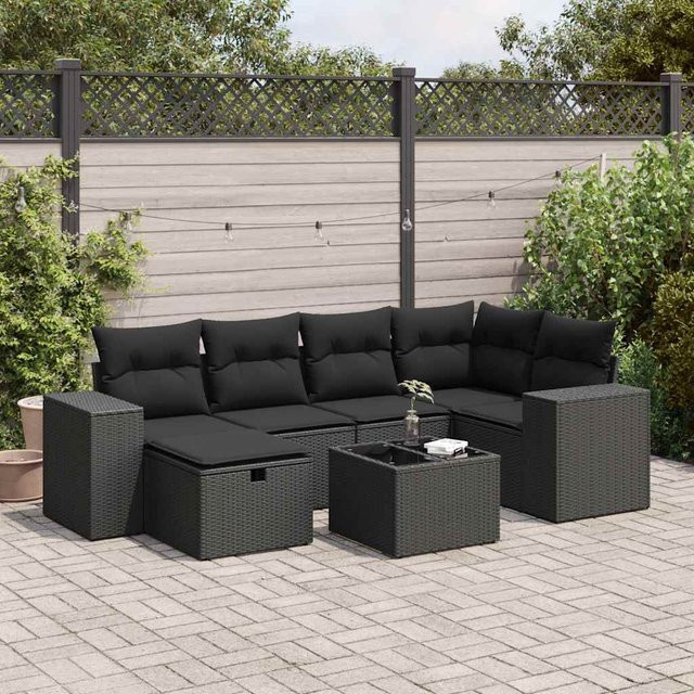 vidaXL 7-teilige Garten-Sitzgruppe aus Polyrattan in Schwarz mit UV-beständigen Kissen und L-Form - Bild 3