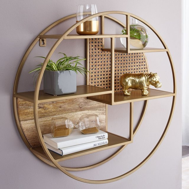 Rundes Wandregal FineBuy aus Holz und Metall mit Wiener Geflecht in Gold, B/H/T: 62 x 62 x 17 cm - Bild 1