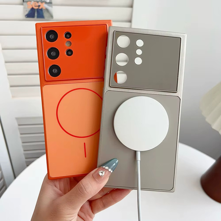 MagSafe Handyhülle für Samsung S25 S24 S23 Ultra in Orange mit mattem PC-Gehäuse und Glas-Kamera-Schutz sowie magnetischer kabelloser Ladefunktion - Bild 1