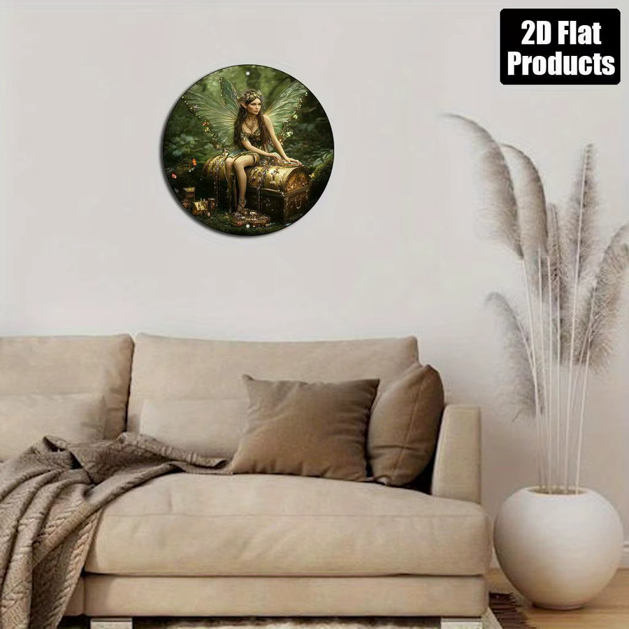 Potdemiel Runde Aluminium-Wandkunst mit Fee und Waldszene im Vintage-Stil, Mehrfarbig, Durchmesser: 20,3 cm - Bild 4
