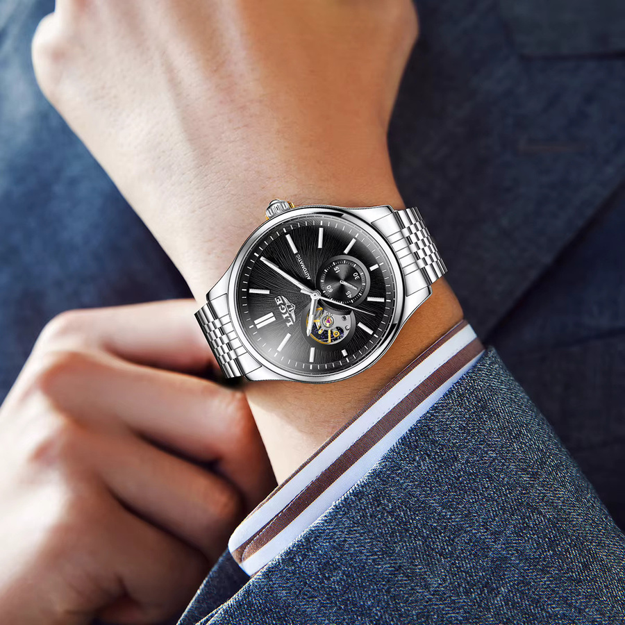 LIGE Armbanduhr Automatik, Edelstahl, blaues Zifferblatt, Herren - Bild 6