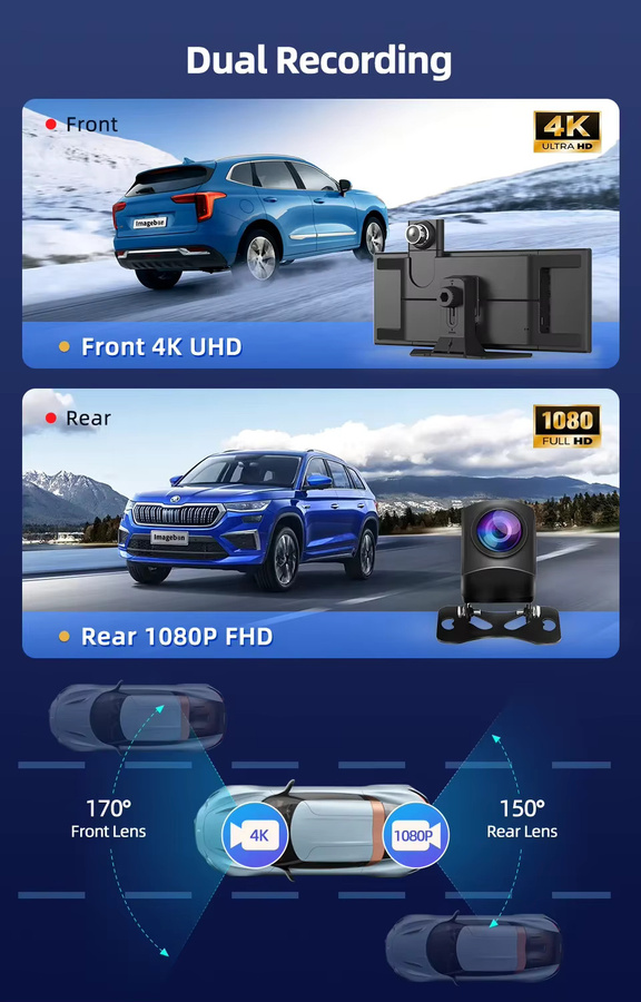 Imagebon H70 Plus Dashcam mit 11,4 Zoll Display, Dual-Linsen, 60FPS, kabellosem CarPlay & Android Auto, ADAS und GPS-Navigation, Schwarz - Bild 2