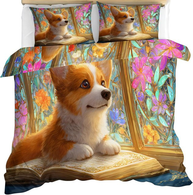 Bettwäsche-Set mit süßem Corgi-Hund Motiv, 2-teiliges Kinderbettwäsche-Set aus Polyester mit 3D-Digitaldruck, Mehrfarbig, B/H: 90 x 200 cm - Bild 1