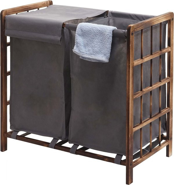 Wäschesammler MCW B60 aus Massivholz mit 2 Fächern, Braun mit grauem Bezug, B/T/H: 60 x 60 x 33 cm - Bild 1