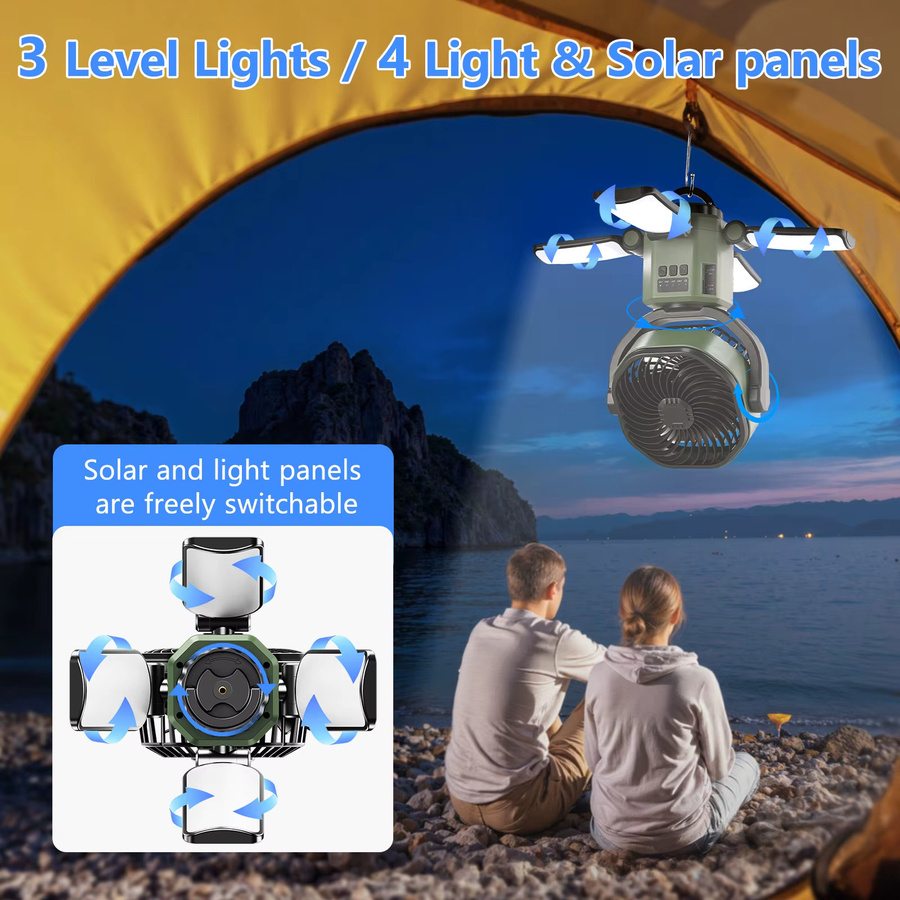 Eary Solarbetriebener Ventilator mit LED-Licht und 6000 mAh Akku in Grün für Camping und Outdoor - Bild 3