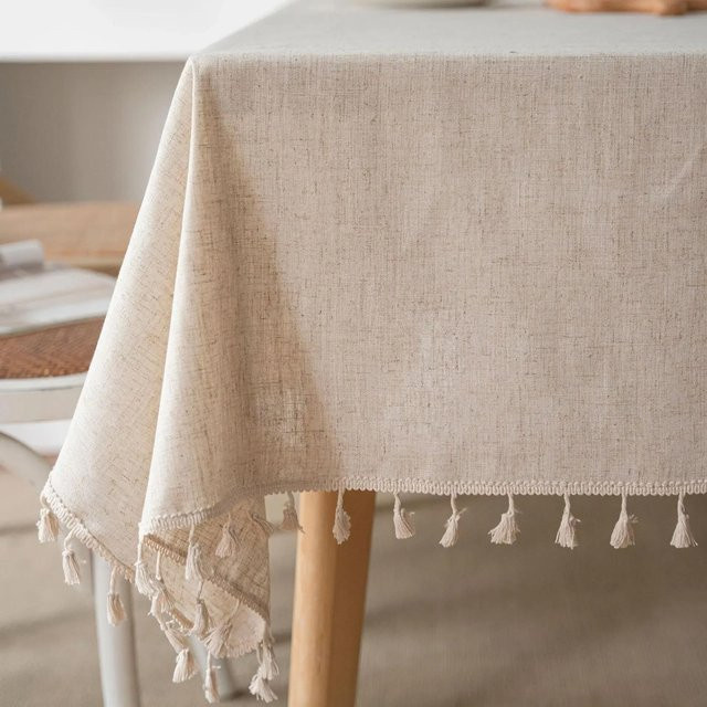 WW Clothing Baumwoll-Leinen-Tischdecke in Beige mit Jute-Seil-Spitze und Quasten, quadratisch, B/B: 90 x 90 cm - Bild 1