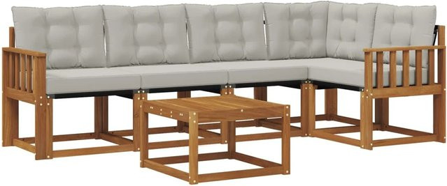 vidaXL Outdoor-Sofagarnitur 6-teilig L-Form aus Akazienholz mit Textilene und Kissen in Beige und Grau - Bild 1