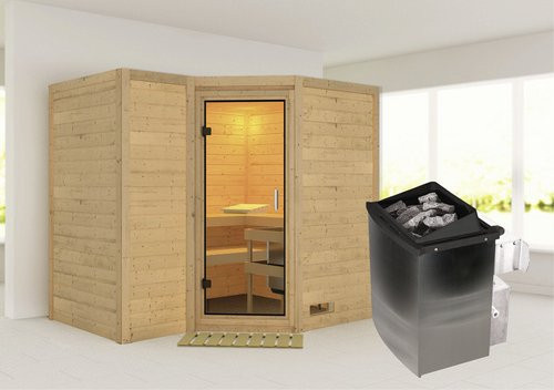 Karibu Sauna Riga 2 für 4 Personen in Beige inklusive 9 kW Saunaofen mit integrierter Steuerung, B/T/H: 236 x 209 x 184 cm - Bild 1